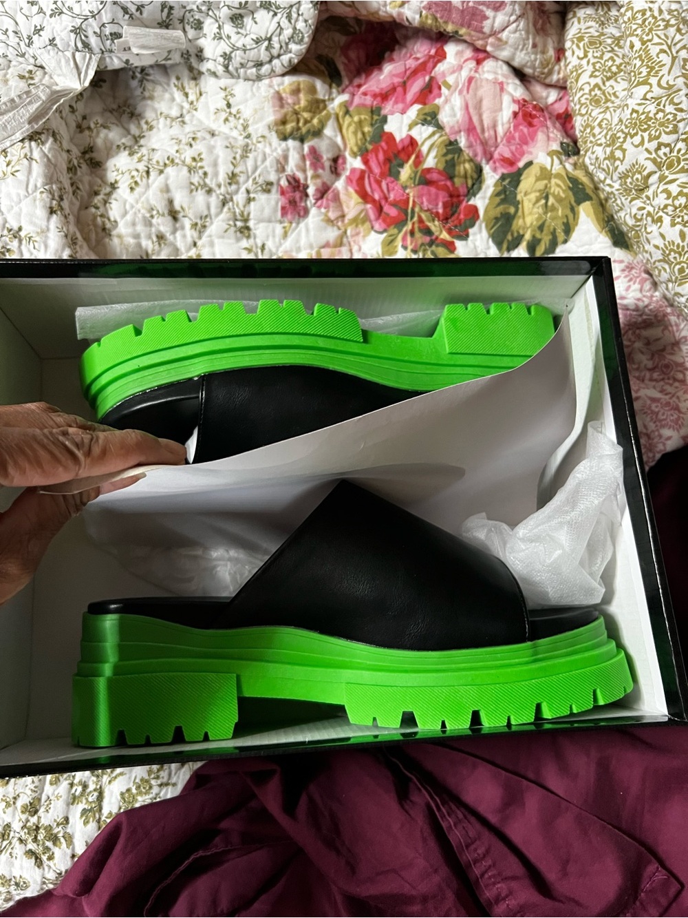 Cape Robbin Black Slide Mules with Neon Green Lug Sole